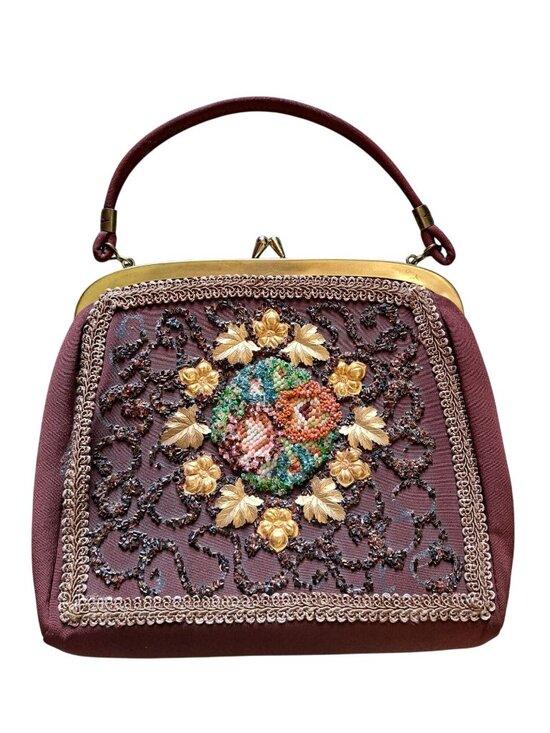 Unique Vintage Handbags - Vintage 50's Beaded Embroidered Handbag Purse Multicolor Floral Top Handle